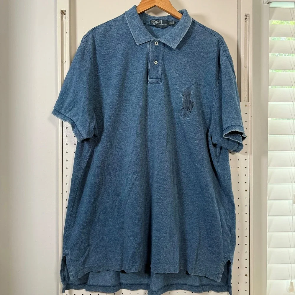 Polo Ralph Lauren Custom Fit Polo Shirt Men's Blue Big Pony Short Sleeve 2XL VTG